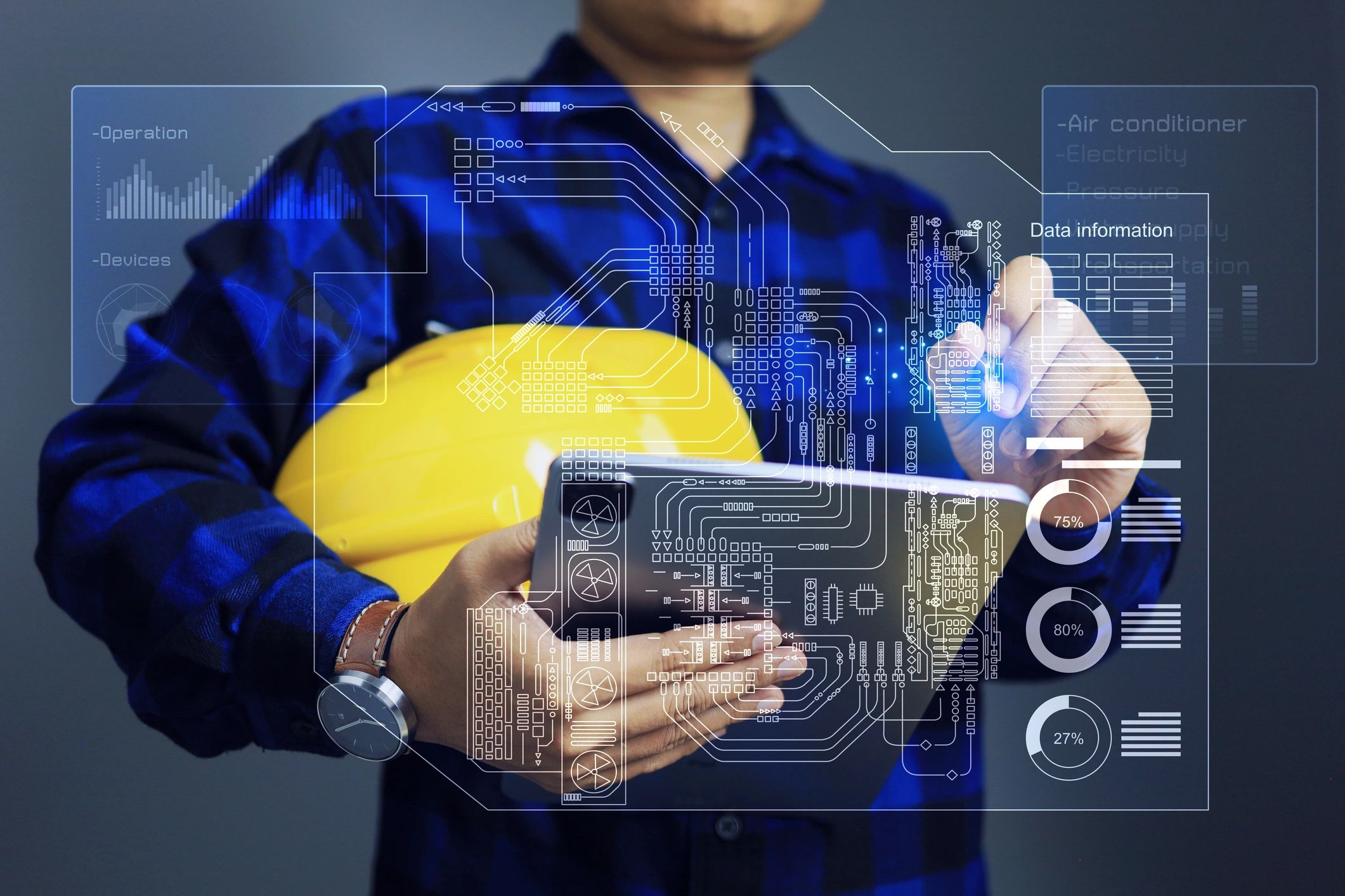 Facility management concept with engineer using tablet to